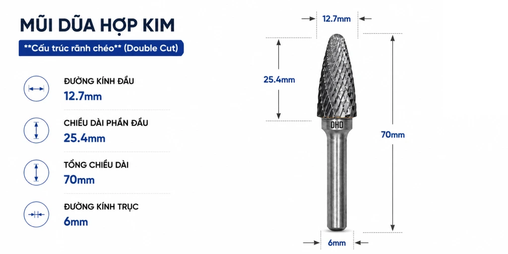 Mũi doa hợp kim F1225 M6x70 - Tungsten carbide burr